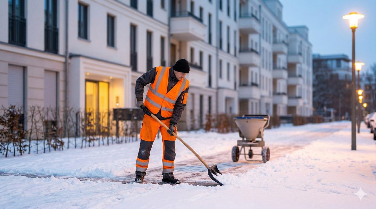 Winterdienst Berlin – Schneeräumung vor Wohngebäude am frühen Morgen